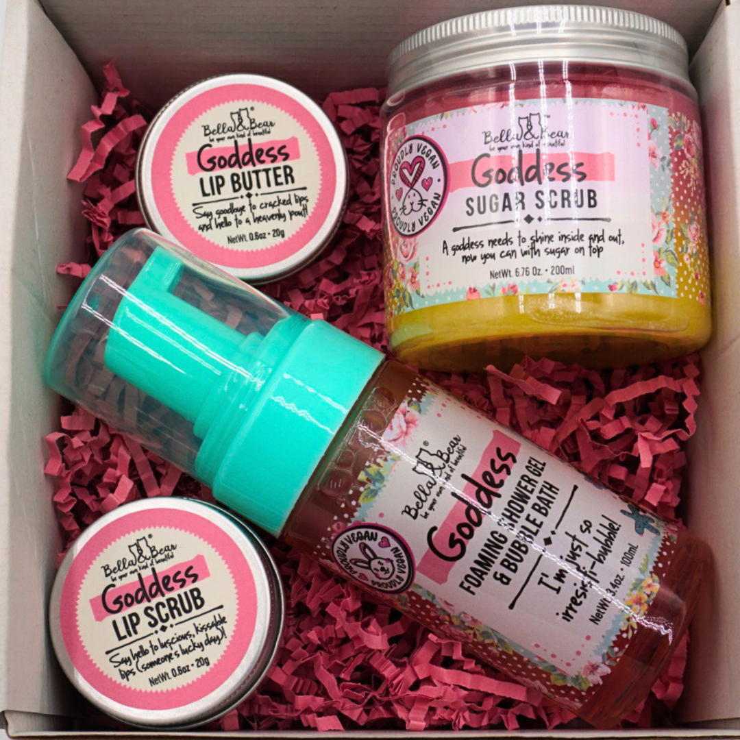 Goddess Tropical Scented 2 in 1 Foaming Shower Gel & Bubble Bath, Lip Care Set, & Moisturizing Exfoliating Body Scrub Gift Set