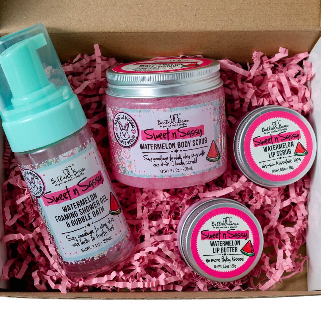 Sweet 'n' Sassy Watermelon Gift Set Foaming Body Wash & Bubble Bath, Body Scrub, Lip Butter & Lip Scrub