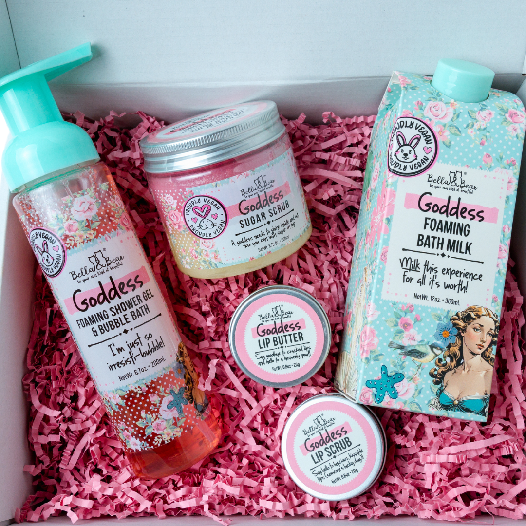 Goddess Gift Set with 2 in 1 Foaming Shower Gel & Bubble Bath, Foaming Bath Milk, Body Scrub & Lip Care Set – Tropical Scent