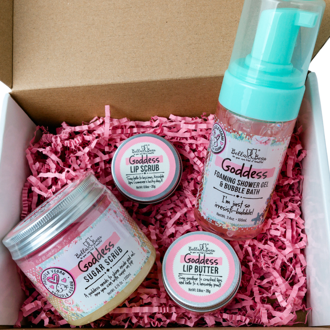 Goddess Tropical Scented 2 in 1 Foaming Shower Gel & Bubble Bath, Lip Care Set, & Moisturizing Exfoliating Body Scrub Gift Set