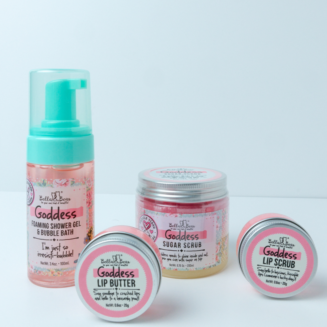 Goddess Tropical Scented 2 in 1 Foaming Shower Gel & Bubble Bath, Lip Care Set, & Moisturizing Exfoliating Body Scrub Gift Set