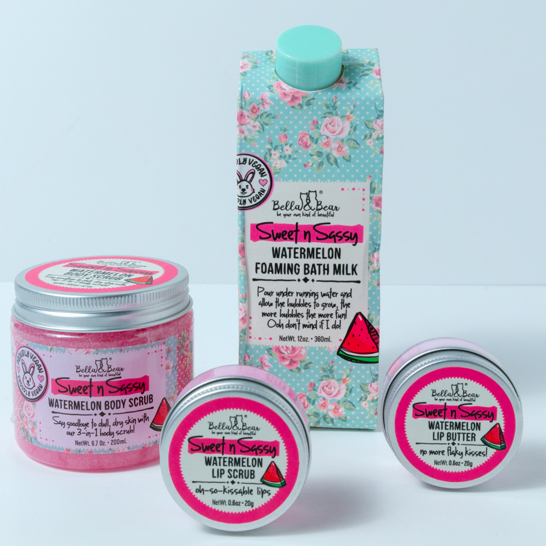 Sweet 'n' Sassy Watermelon Gift Set with Foaming Bath Milk, Sugar Scrub, LIp Scrub and Lip Butter