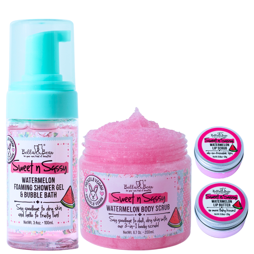 Sweet 'n' Sassy Watermelon Gift Set Foaming Body Wash & Bubble Bath, Body Scrub, Lip Butter & Lip Scrub
