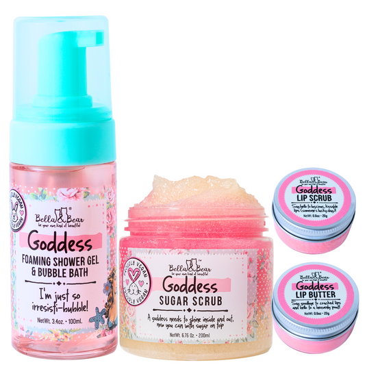 Goddess Tropical Scented 2 in 1 Foaming Shower Gel & Bubble Bath, Lip Care Set, & Moisturizing Exfoliating Body Scrub Gift Set