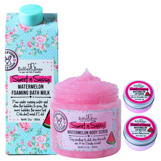 Sweet 'n' Sassy Watermelon Gift Set with Foaming Bath Milk, Sugar Scrub, LIp Scrub and Lip Butter