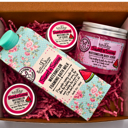 Sweet 'n' Sassy Watermelon Gift Set with Foaming Bath Milk, Sugar Scrub, LIp Scrub and Lip Butter