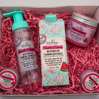 Sweet 'n' Sassy Watermelon Gift Set with Foaming Shower Gel & Bubble Bath, Foaming Bath Milk, Body Scrub, Lip Butter & Lip Scrub