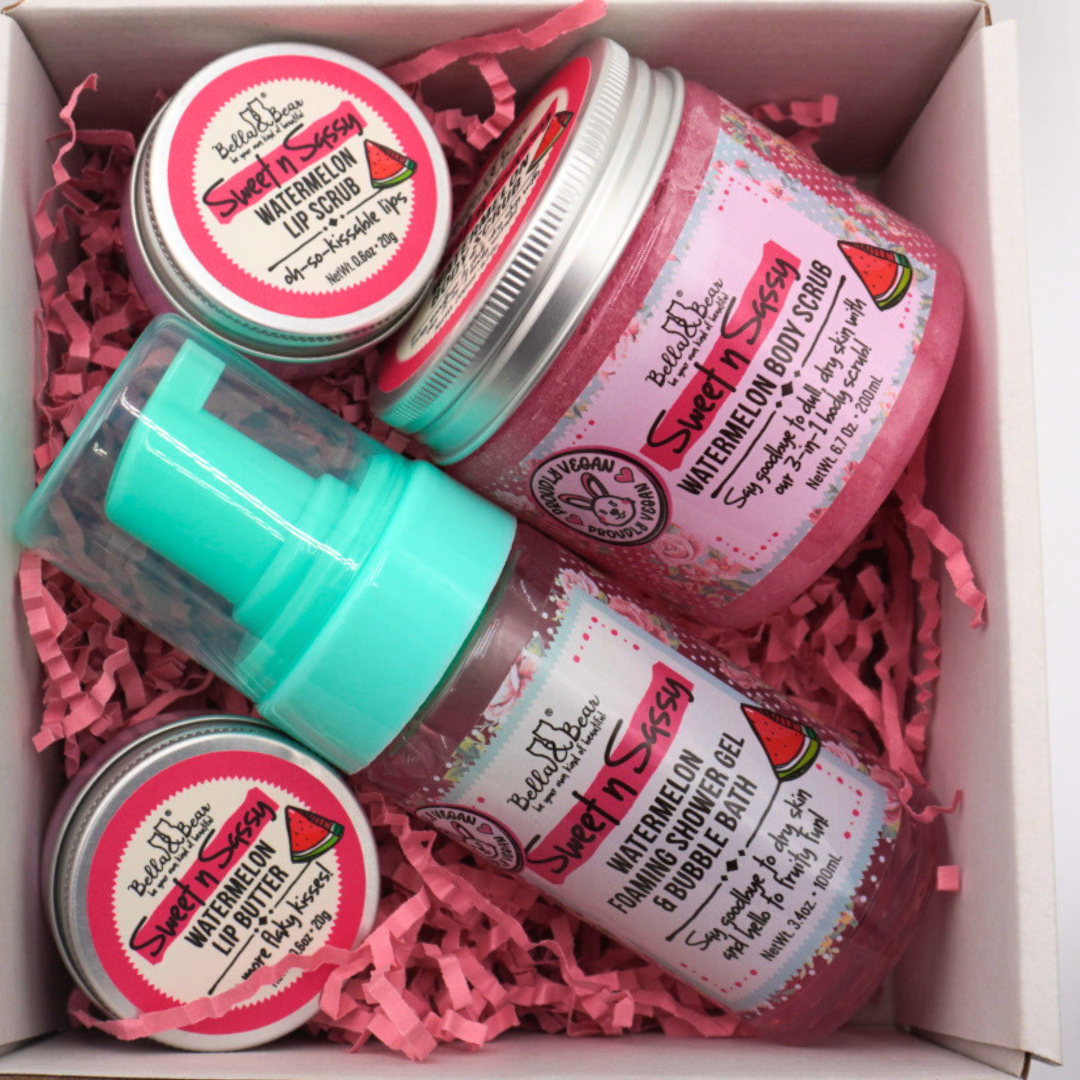 Sweet 'n' Sassy Watermelon Gift Set Foaming Body Wash & Bubble Bath, Body Scrub, Lip Butter & Lip Scrub