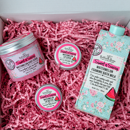 Sweet 'n' Sassy Watermelon Gift Set with Foaming Bath Milk, Sugar Scrub, LIp Scrub and Lip Butter