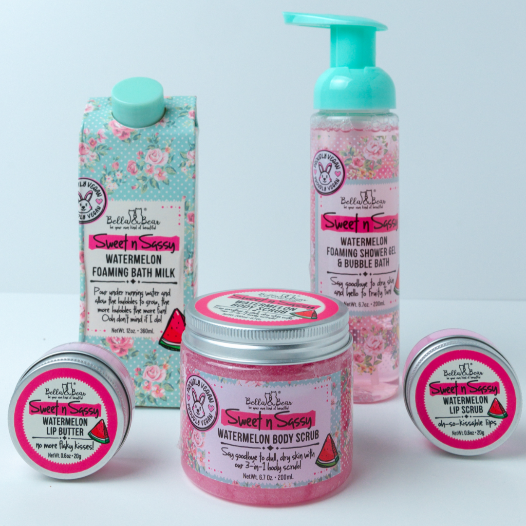 Sweet 'n' Sassy Watermelon Gift Set with Foaming Shower Gel & Bubble Bath, Foaming Bath Milk, Body Scrub, Lip Butter & Lip Scrub