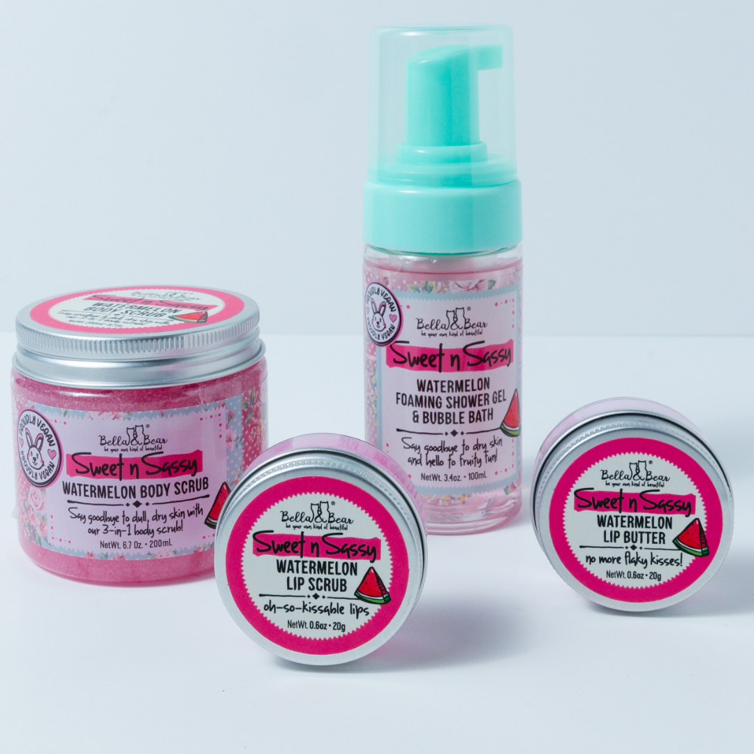 Sweet 'n' Sassy Watermelon Gift Set Foaming Body Wash & Bubble Bath, Body Scrub, Lip Butter & Lip Scrub