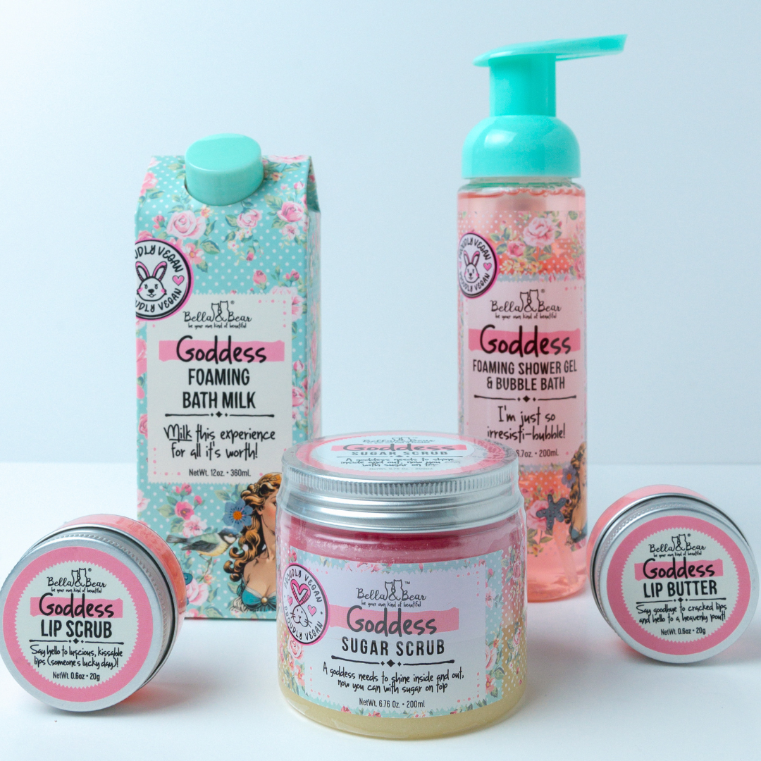 Goddess Gift Set with 2 in 1 Foaming Shower Gel & Bubble Bath, Foaming Bath Milk, Body Scrub & Lip Care Set – Tropical Scent