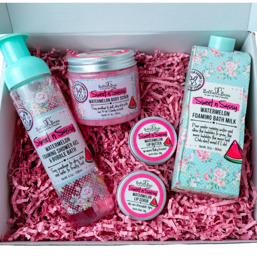 Sweet 'n' Sassy Watermelon Gift Set with Foaming Shower Gel & Bubble Bath, Foaming Bath Milk, Body Scrub, Lip Butter & Lip Scrub