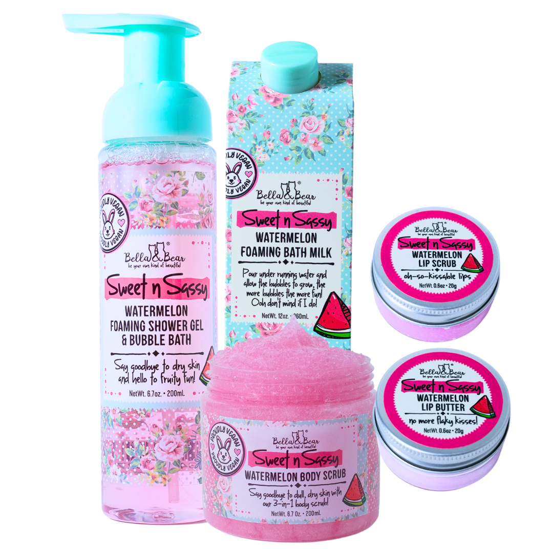 Sweet 'n' Sassy Watermelon Gift Set with Foaming Shower Gel & Bubble Bath, Foaming Bath Milk, Body Scrub, Lip Butter & Lip Scrub