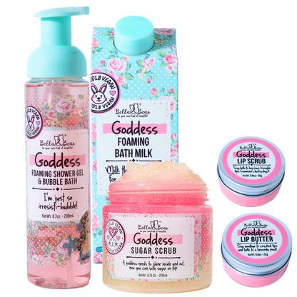 Goddess Gift Set with 2 in 1 Foaming Shower Gel & Bubble Bath, Foaming Bath Milk, Body Scrub & Lip Care Set – Tropical Scent